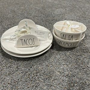 Rae Dunn Taco Plates x2 and Taco Holder and Salsa and Guacamole Bowl